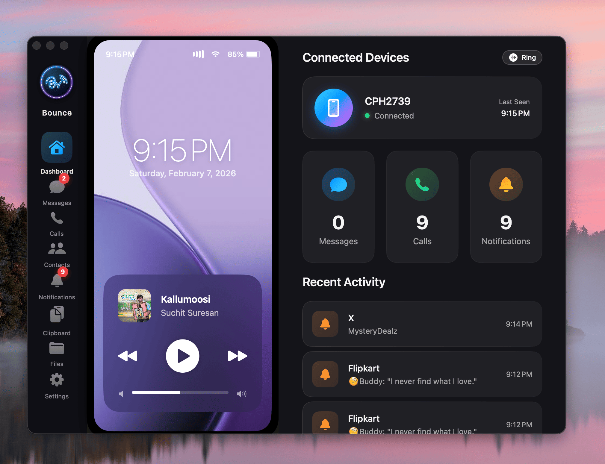 Bounce Connect Mac app dashboard showing connected Android phone status