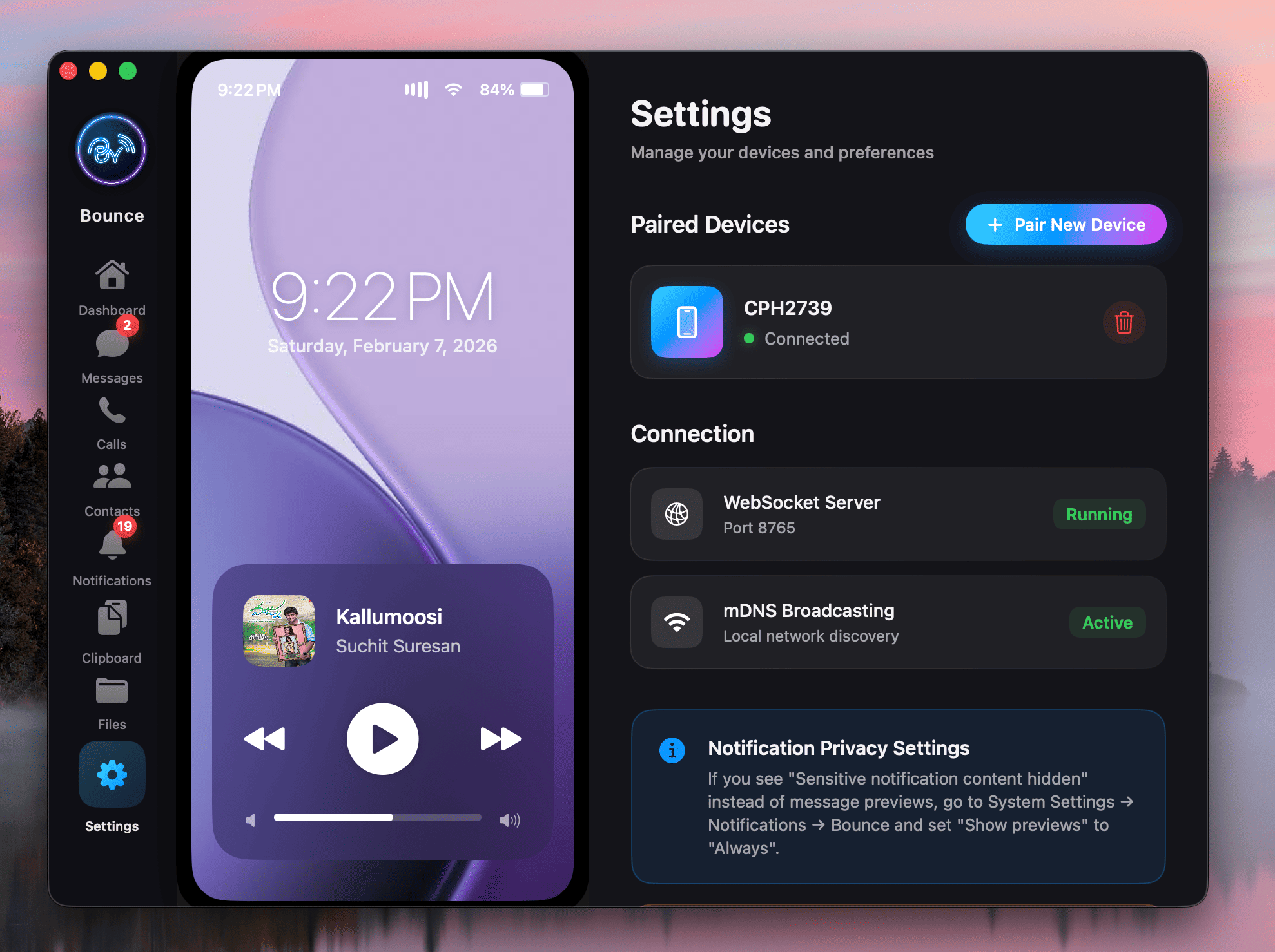 Bounce Connect QR code pairing and settings screen